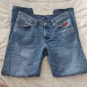 Levis 501 Custom Taper XX Cherry Embroidery Women Light Wash Jeans Sz 26